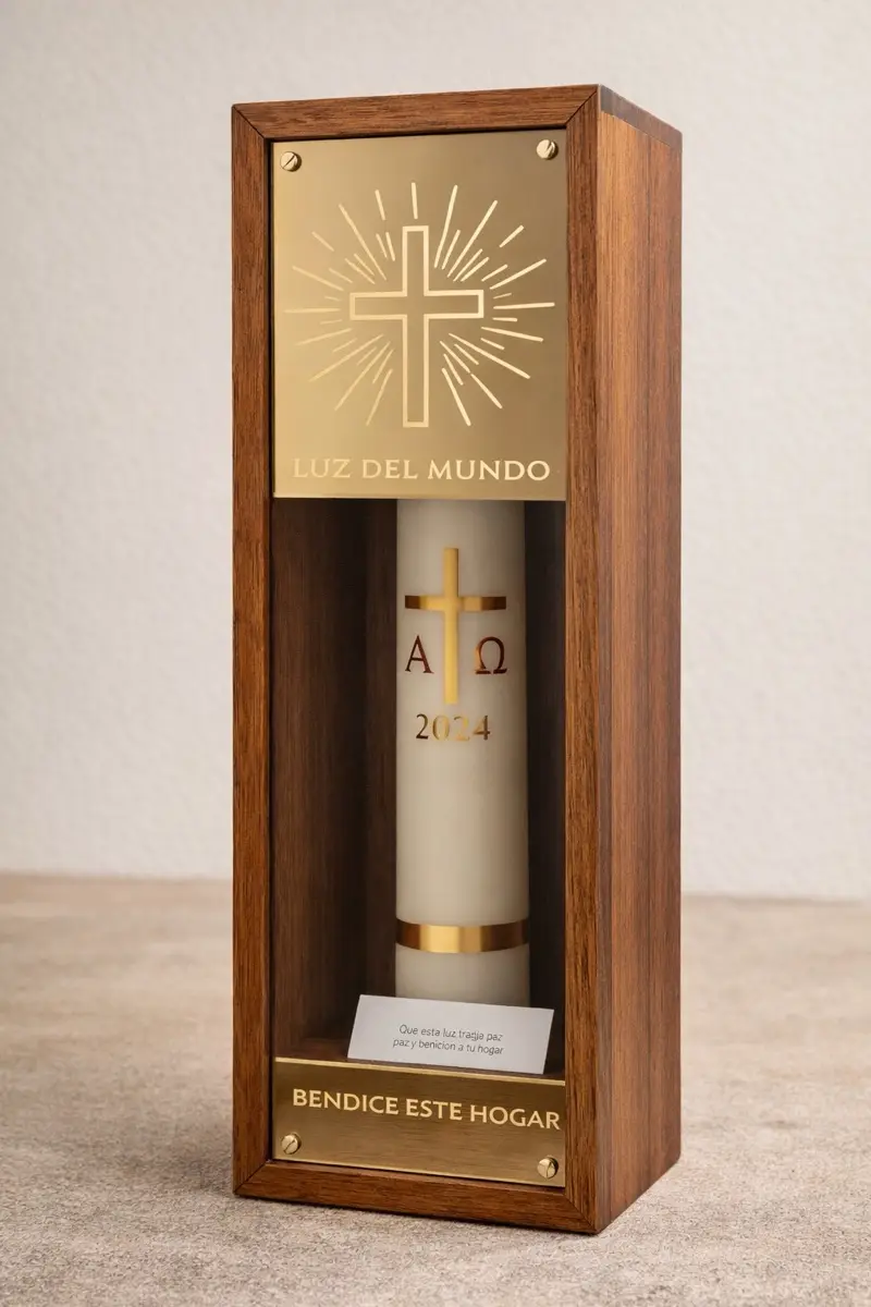 Caja conmemorativa con grabado en metal dorado y madera